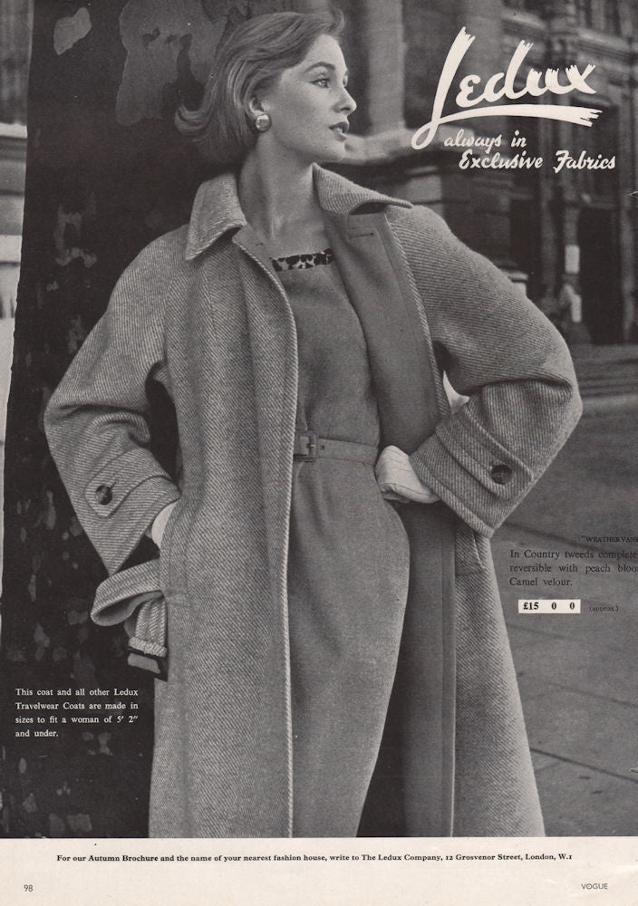 Ledux - always in Exclusive Fabrics. Travelwear coat. Fashion advert 1955
